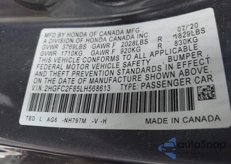 2020 Honda Civic Sport из США, поврежденный, VIN 2HGFC2F85LH568613